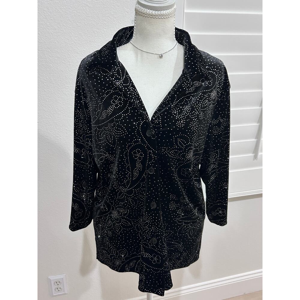 Vintage 1990s Briggs New York Top Black w/ Silver Glitter Polka Dots Women’s 1X